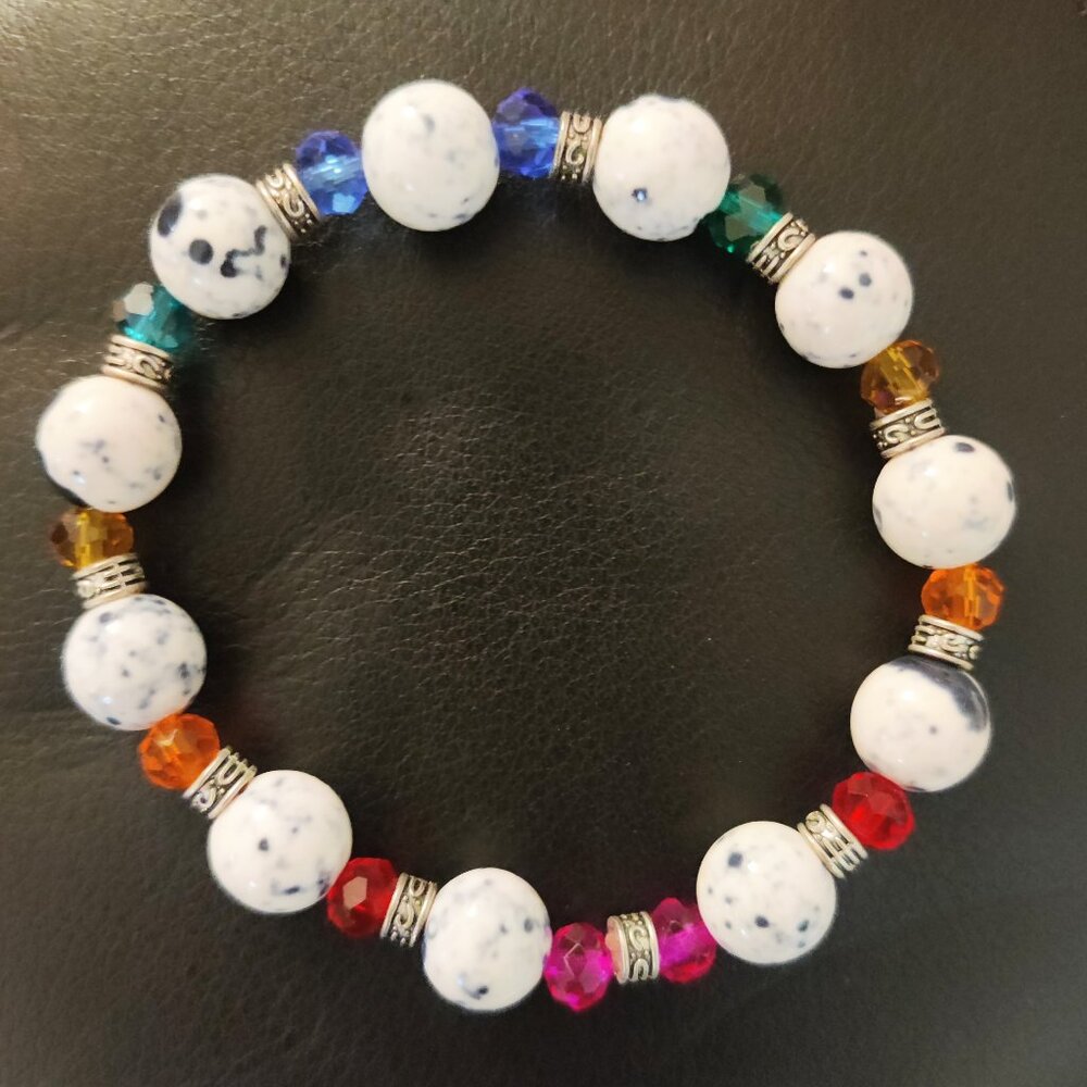 Dalmatian jasper and rainbow crystal bracelet 6" - 8" stretch